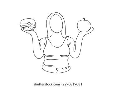 An overweight woman chooses between harmful and healthy food. Burger or apple. World Obesity Day Europe. One line drawing for different uses. Vector illustration.