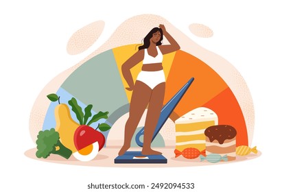 Concepto de mujer con sobrepeso. Chica joven regordeta en traje de baño se coloca en pesas cerca del indicador de manómetro. Evaluación de la obesidad. Dieta y estilo de vida poco saludables. Ilustración vectorial plana aislada sobre fondo blanco