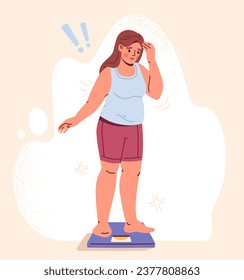 Overweight woman concept. Young fatty girl at scales. Problem with eating. Mental and psychological issues. Shocked and sad person. Graphic element for website. Cartoon flat vector illustration