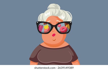 
Overweight Woman Craving Junk Food Vector Concept Illustration. person obsessing over eating junk food with high sugar and cholesterol 
