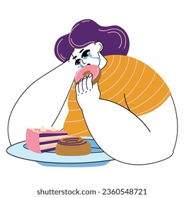 An overweight woman is crying and eating a donut, a plate in front of her with a cake and a bun on . Eating disorder concept, eating stress, emotions