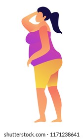 Overweight woman with dark hair standing vector illustration. Physical appearance and overweight, dieting and weight loss, training and healthy lifestyle concept. Isolated on white background.