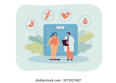 Overweight woman discovering health problems due to obesity. Flat vector illustration. Tiny fat woman weighing next to doctor identifying different diseases like diabetes. Healthcare, obesity concept