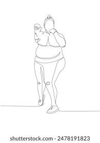 Overweight woman doing sports, boxing, box one line art. Continuous line drawing of body positive, overweight, plus size model, XL, health, fashion, self acceptance.