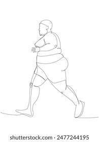 Mujer con sobrepeso haciendo deportes, corriendo una línea de arte. dibujo de línea continua de cuerpo positivo, sobrepeso, modelo de talla grande, XL, salud, moda, autoaceptación.