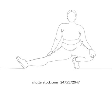 Overweight woman doing sports, stretching one line art. Continuous line drawing of body positive, overweight, plus size model, XL, health, fashion, self acceptance.