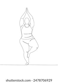 Overweight woman doing sports, yoga, asana one line art. Continuous line drawing of body positive, overweight, plus size model, XL, health, fashion, self acceptance.