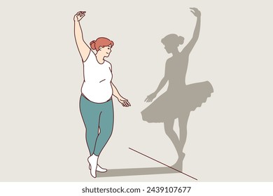 Overweight woman dreams of becoming ballerina and getting rid of excess weight, sees shadow of thin girl on wall. Concept of high self-esteem in overweight girl, does not notice problems