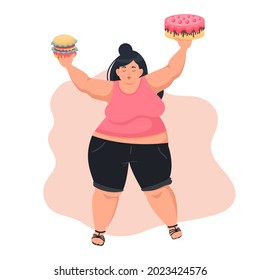 An overweight woman with an eating disorder holds a cake and a hamburger in her hands. The concept of bad eating habits, gluttony, obesity and unhealthy eating. Vector illustration