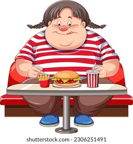 Overweight woman eating fast food at the restaurant isolated illustration