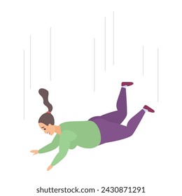 Overweight woman falling from height, frightened plus size female character in stress vector illustration