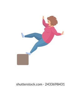Overweight woman falling, plus size female character slipped down steps and lost balance vector illustration