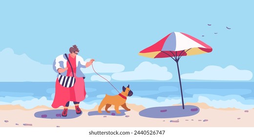 Una mujer con sobrepeso con un vestido rojo de moda y un bulldog camina hacia una sombrilla de playa en la playa. Estilo de vida en el centro vacacional de mar. Aceptamos mascotas. Costa oceánica. Maldivas Relax. ilustración vectorial