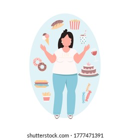 Overweight woman flat color vector faceless character. Chubby girl in blue pants with unhealthy diet. Fast food. Bad eating habits isolated cartoon illustration for web graphic design and animation