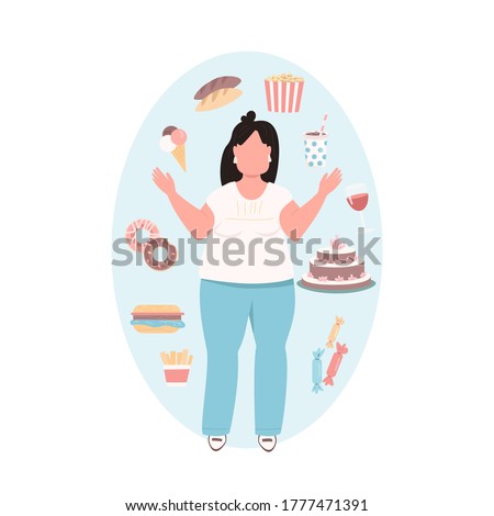 Overweight woman flat color vector faceless character. Chubby girl in blue pants with unhealthy diet. Fast food. Bad eating habits isolated cartoon illustration for web graphic design and animation