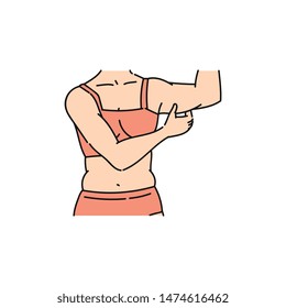 Overweight woman or girl pinching arm fat flabby skin cartoon sketch illustration isolated on white background. Icon for fitness and diet healthcare project.