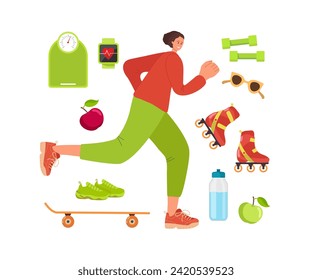 Overweight woman goes sports. Girl with sportswear running. Set of sports equipment. Healthy Active Freedom lifestyle. Colored vector illustration isolated on white background. Weight loss.