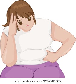 Overweight woman grabbing one's belly , Worried about the weight that just gained Make a hand holding your head. Contemplating a plan to lose weight.