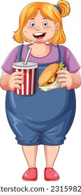 Overweight Woman Holding Fast Food Cartoon Character illustration