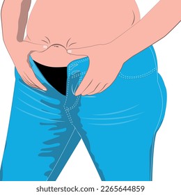 Overweight woman in jeans holding fat belly