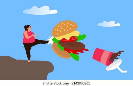 overweight woman kick  burger fight against  junk food and soda beverage healthy lifestyle concept vector illustration