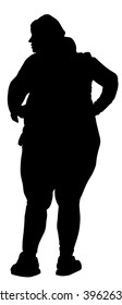 Overweight woman lost in city, vector silhouette illustration. Fat girl tourist can not find hotel. Lazy person do not think about their health care or physical appearance outfit. Fat people concept.