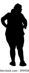 Overweight woman lost in city, vector silhouette illustration. Fat girl tourist can not find hotel. Lazy person do not think about their health care or physical appearance outfit. Fat people concept.