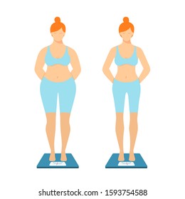 Overweight woman. Normal weight woman. A fat and thin woman is standing on the scales isolated on a white background. Healthy lifestyle concept. Diet and Weight Loss