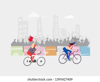 Overweight woman on bike making a very good progress. Sport race. Cycling in the City, sport event. Crowd cheering sportsmen.  