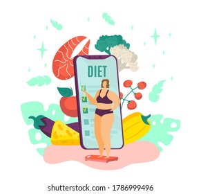 Overweight woman on diet, fat female and healthy dietary food with diet program from dietitian on smartphone isolated vector illustration. Healthy lifestyle for obese person, weight losing.