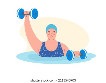 Overweight woman performing water aerobics exercises with foam dumbbell. Concept of healthy lifestyle and sports . Flat vector illustration. 
