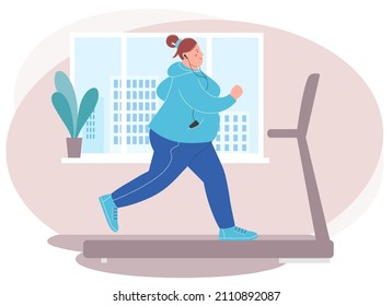Overweight woman running on treadmill. Loss weight cardio training.  Weight loss home sport concept. Flat vector illustration 