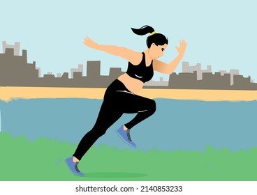 Overweight Woman Running In A Park, Wearing Black Sport Wear