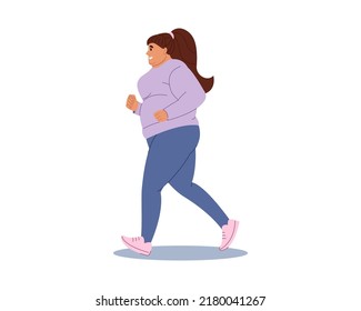 Overweight woman running. Young girl jogging for weight loss and fight against obesity. Flat style vector illustration isolated on white background