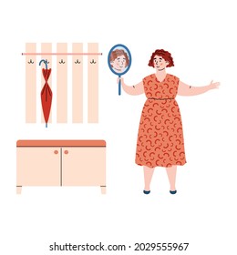 Overweight woman satisfied with her appearance, cartoon vector illustration isolated on white background. Character for self-acceptance and body positivity topic.