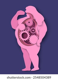 Overweight woman silhouette with gears of digestive system mechanism