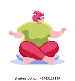 An overweight woman sits in the lotus position on the mat. Yoga class. Lifestyle and self acceptance. Comical character girl. Vector illustration.