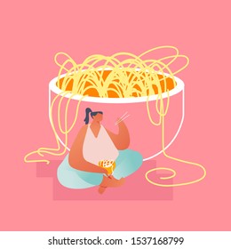 Overweight Woman Sitting in Lotus Position on Floor at Huge Bowl Eating Noodles with Wooden Chopsticks. Oriental Cuisine and Chinese Food Concept, Asian Gastronomy Cartoon Flat Vector Illustration