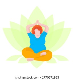 Overweight woman sitting in lotus position. Yoga for girls plus size. Happy body positive concept .Vector illustration in flat style