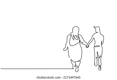 Overweight Woman And Slim Fit Man Couple Holding Hands Walking Back View Concept