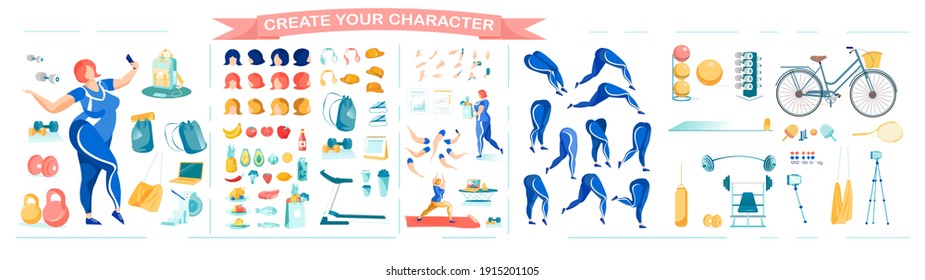 Overweight Woman with Sport Equipment, Dieting Items and Body Parts Constructor Details in Animation Set. Body Positivity and Active Lifestyle - Personage Bundle. Flat Vector Illustration Isolated.