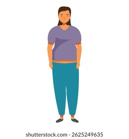Overweight woman is standing with her hands in pockets, expressing sadness and concern about her weight, highlighting issues of obesity and body image