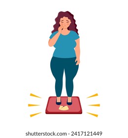 Overweight woman standing on body scale in flat design on white background. Weight gain anxiety.