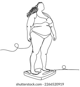 An overweight woman stands the scales in one line white background  Conceptual image fighting fat   body positivity  Beauty   acceptance the female body  Stock vector illustration 