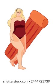 Overweight woman in swimsuit and with inflatable mattress on whi