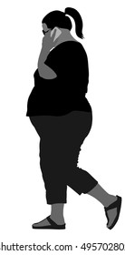 Overweight woman talking on mobile phone vector illustration. Fat girl walking with smart phone. Lazy person do not think about their health care, ordering fast food.  Difficulties in sweaty moving.