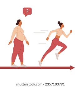 A overweight woman is thinking about how to become slim and lose excess weight. Running and sports for weight loss. A young girl is running. Vector flat design illustration, isolated on white. 