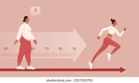 A overweight woman is thinking about how to become slim and lose excess weight. Running and sports for weight loss. A young girl is running. Vector flat design illustration. 