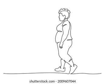 Overweight woman walking  Continuous one line drawing  Vector illustration