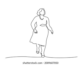 Overweight woman walking. Continuous one line drawing. Vector illustration